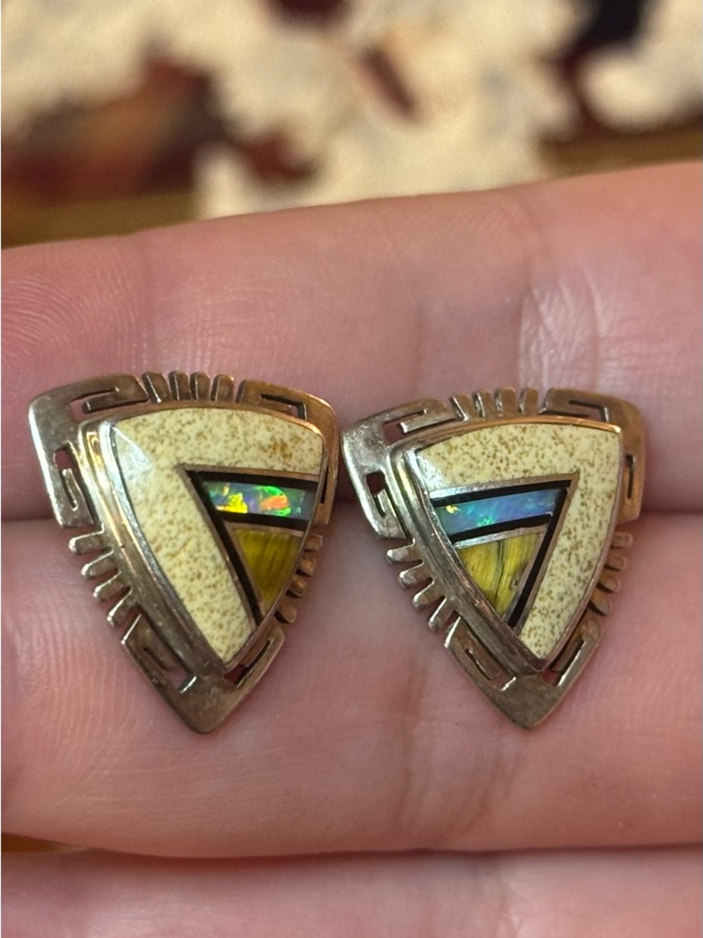Native American Sterling VTG Inlay Earrings - Picture 3 of 16